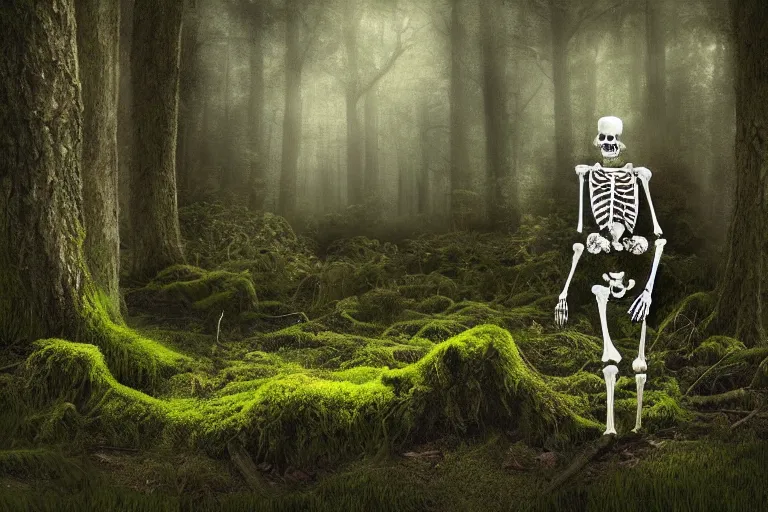 Image similar to human skeleton behind computer overgrown with moss, in forest, dark atmosphere, fantasy illustration, digital art