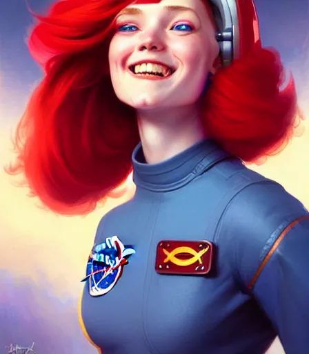 Prompt: astronaut girl with vibrant red hair with astronaut helmet, hourglass slim figure, Jinx face, Jinx expression, blue eyes, dungeons and dragons portrait, lovely smile, highly detailed, digital painting, artstation, concept art, sharp focus, illustration, art by artgerm and greg rutkowski and alphonse mucha