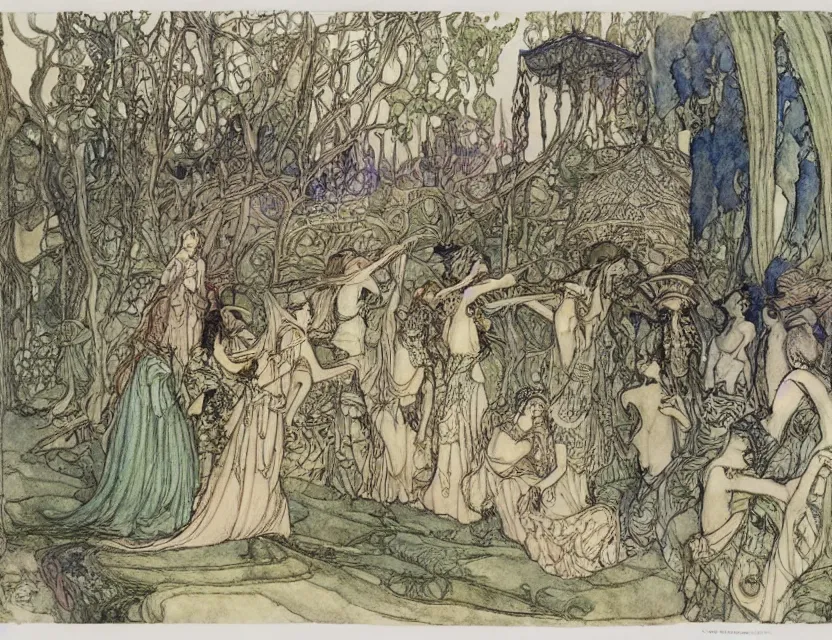 Image similar to a detailed, intricate watercolor and ink illustration with fine lines of the view from the river of an art nouveau arabian palace, by arthur rackham and edmund dulac and lisbeth zwerger