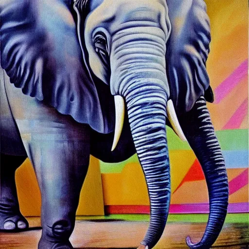 Prompt: in the style of painter salvador dali circus of animals playing, Surrealism painting, hyperrealism, large elephant plays, high details, everything sharp focus, photorealism, real photo