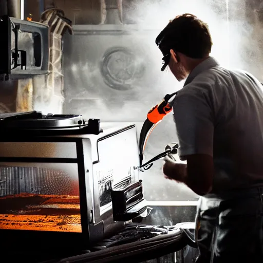 Image similar to technician repairing head of toaster oven mecha, dark messy smoke - filled cluttered workshop, dark, dramatic lighting, orange tint, cinematic, highly detailed, sci - fi, futuristic, movie still