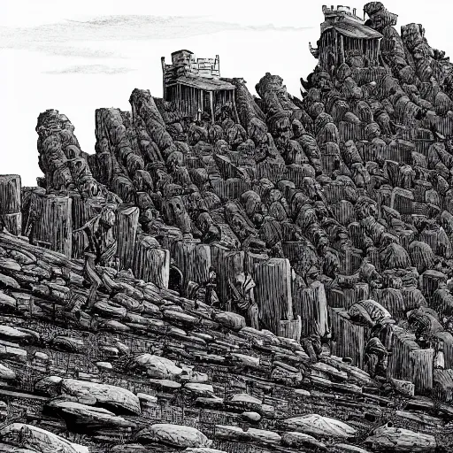Prompt: precisely drawn illustration of hilltop wooden palisade, wide angle, sharp, fine details, French comic style, vibrant realistic colors, full color, heroic fantasy, intense line art, 8k, precise linework, realistic, in the style of Richard Corben and Moebius