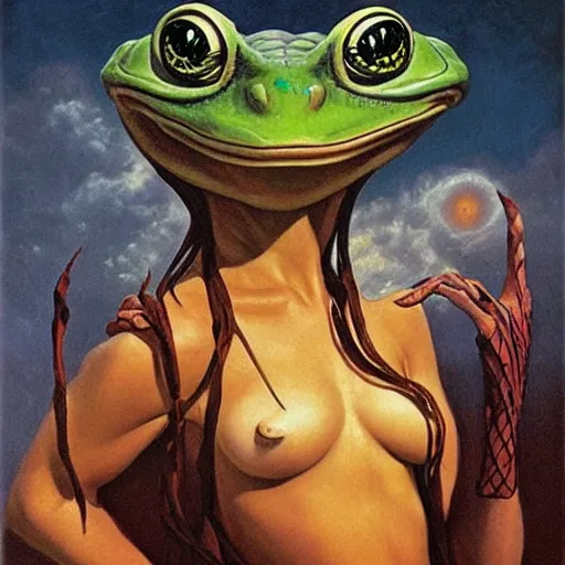 Image similar to an amazing masterpiece of art by gerald brom 🐸 👨