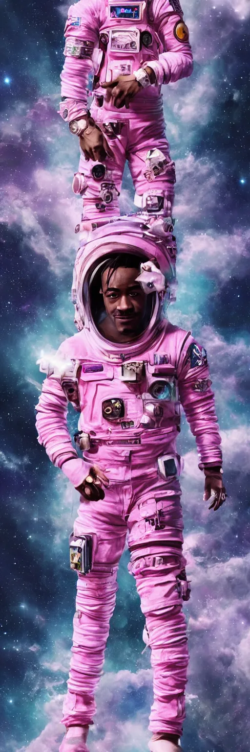 Image similar to Cinematic full body portrait of Lil Uzi Vert wearing a pink spacesuit, cinematic photograph, matte painting, trending on artstation, space clouds art