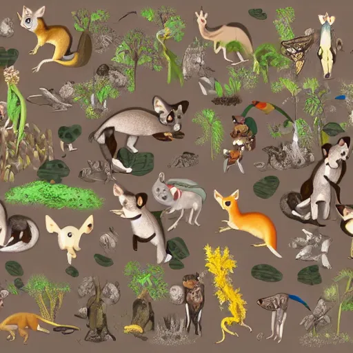 Prompt: Sugar glider, Tamandua, Gerenuk, Cuttlefish, Gecko, Sand cat, Bee hummingbird, Tree kangaroo, Racoon dog, Pygmy hippopotamus , Leafy sea dragon, Elephant Shrew, Quokka, Margay, Klipspringer, Fennec Fox, Tawny frogmouth, Tarsier, Quetzal, Star-nosed mole hybrid