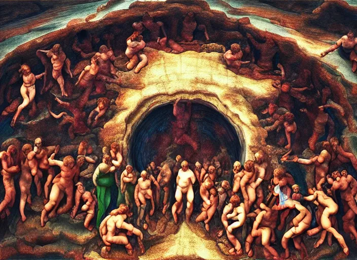 Prompt: crowd of people, water portal to hell located in heaven, photorealistic, rule of thirds, 4 k, alvah angelrune, michelangelo, colorfull