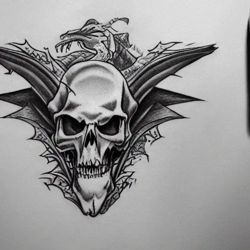 Image similar to Very detailed masterpiece tattoo sketch of Dragon with skull