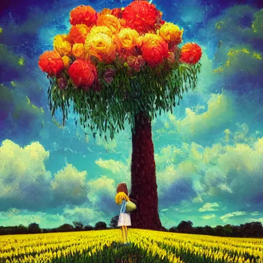 Image similar to gigantic flower head, girl standing in flower field, surreal photography, big trees, sunrise dramatic light, impressionist painting, colorful clouds, digital painting, pointillism, artstation, simon stalenhag