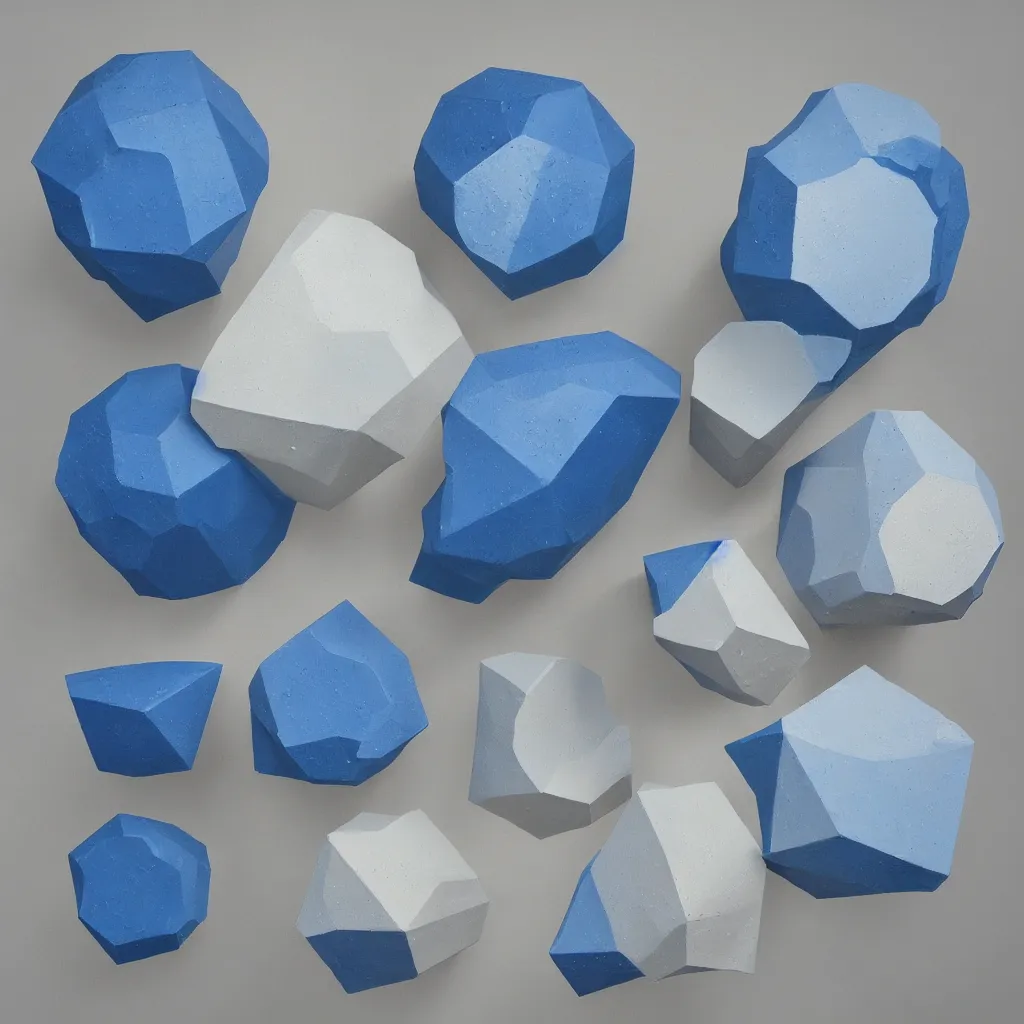 Image similar to 3 dimensional solid large globular geometric 3 d shapes made of solid impasto oil paint, with strong top right lighting creating shadows, colours cream and blue - grey