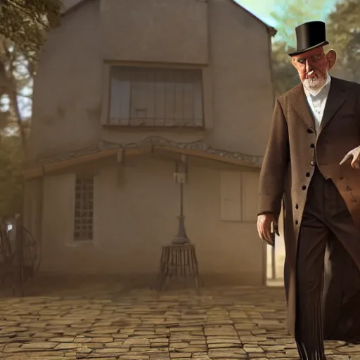 Image similar to an old man wearing a suit and top hat in a medieval village, D&D, high detail, trending on artstation, 4k photorealistic, volumetric lighting, HD