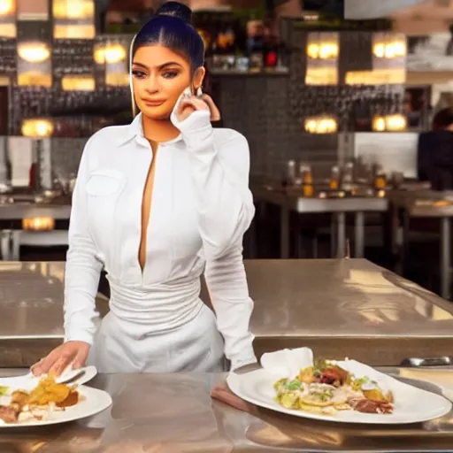 Image similar to kylie jenner working as a server in a poor restaurant, ultra detailed, dynamic light, photorealistic