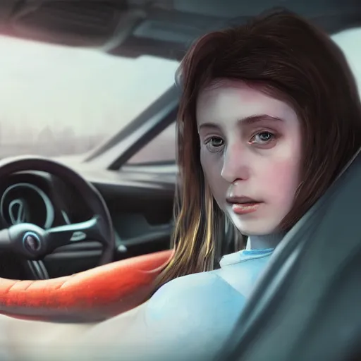 Image similar to portrait of girl in car, 8 k uhd, unreal engine, octane render in the artstyle of finnian macmanus, john park and greg rutkowski