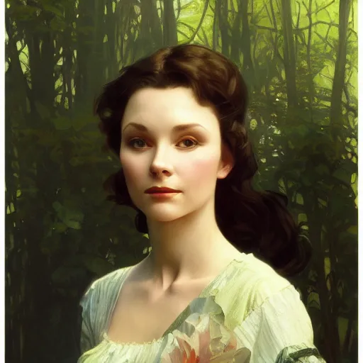 Image similar to a beautiful closeup portrait of a young vivian leigh, forest background, serene colors, dramatic light, gorgeous view, depth, high detail, digital art, painted by alphonse mucha and greg rutkowski, trending on artstation