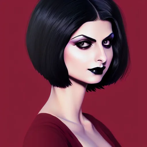 Image similar to Morena Baccarin as a goth gf e-girl, elegant, 2d, ultra highly detailed, digital painting, smooth, sharp focus, artstation, pixiv, art by Ilya Kuvshinov