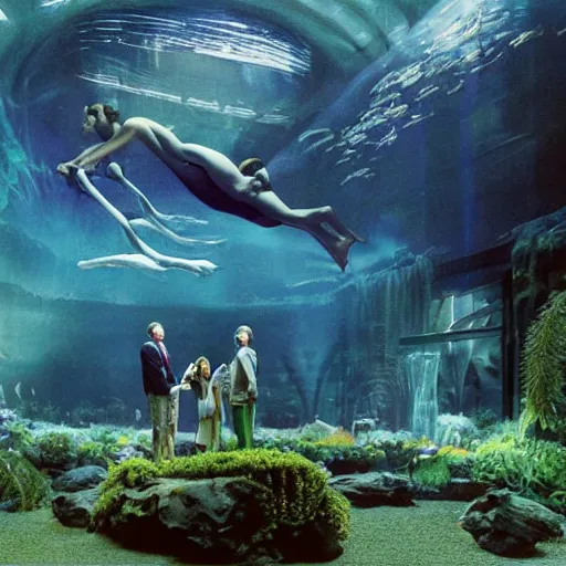 Prompt: photo by mort kunstler and annie leibovitz and monia merlo, a massive alien aquarium inside a very giant massive huge 1 9 8 0's all - in - one computer, in the middle of a giant alien jungle, 4 d, 4 k, volumetric lighting, photorealistic, light ray, ultra - detailed