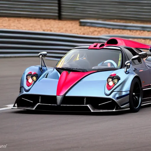 Image similar to pagani zonda on a street race track, motion blur, 3 0 0 mm photography, car photography, clean lines, realistic