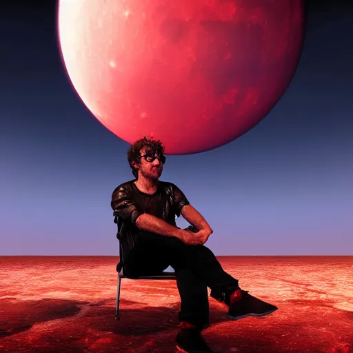 Prompt: gustavo cerati sitting on the red moon, digital art, highly detailed, render unreal engine