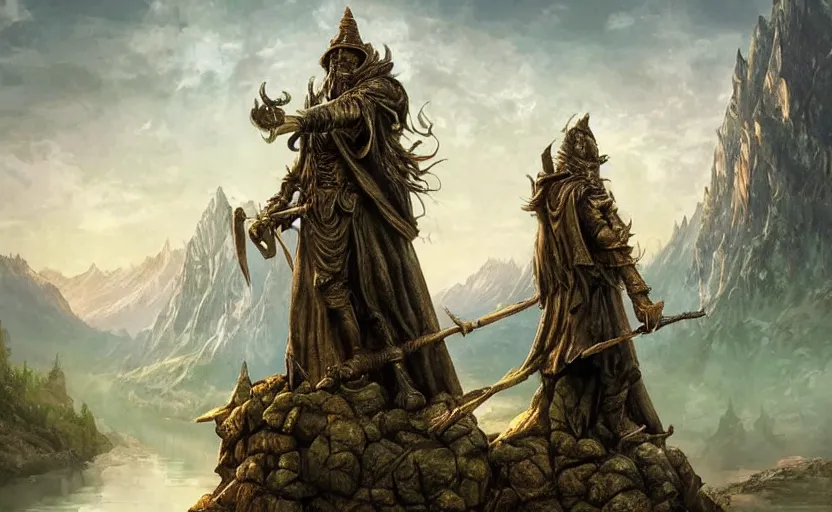 Image similar to A large statue of a wizard guarding a river valley, landscape art, concept art, intense, fantasy, inspiring