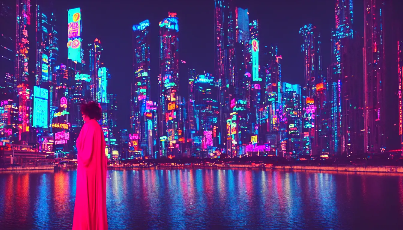 Image similar to 8 0 s neon movie still with a woman standing by a river at night. a cyberpunk city is in front of her. she is looking at the city. she is wearing a kimono. hyperrealistic, high definition, medium format photography, highly detailed, technicolor, anamorphic 5 0 mm lens