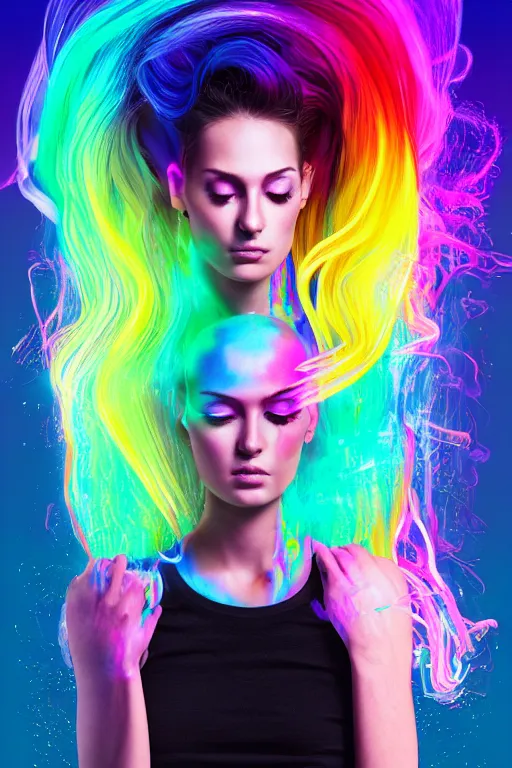 Image similar to a award winning half body portrait of a beautiful woman with stunning eyes in a croptop and cargo pants with rainbow colored ombre hairstyle head in motion and hair flying by thomas danthony, surrounded by whirling illuminated liquids, outrun, vaporware, shaded flat illustration, digital art, trending on artstation, highly detailed, fine detail, intricate