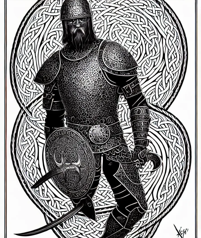 Image similar to shaded, minimalist, knotwork with center viking warrior, extremely detailed, bold line art, by vincent di fate and joe fenton and artgerm, holding shield and sword, centered, inking, etching, screen print, inkblots of color, masterpiece, trending on artstation, sharp, high contrast, hyper realistic, hd, 4 k, 8 k