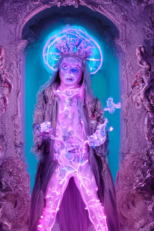 Image similar to full-body rococo and cyberpunk delicate neon crystalline sculpture of ((young muscular blue albino Colombian prince)) as an iridescent humanoid deity wearing ((peach plastic hooded cloak)) (holding a human skull) in a white castle dungeon, reclining, glowing pink face, crown of (pink lasers), large blue diamonds, swirling black silk fabric. futuristic elements. oozing glowing liquid, full-length view. space robots. intricate artwork by caravaggio. Trending on artstation, octane render, cinematic lighting from the right, hyper realism, octane render, 8k, depth of field, 3D