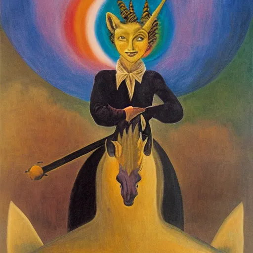 Image similar to remedios varo painting of a vampire demon riding a big fat unicorn over a rainbow