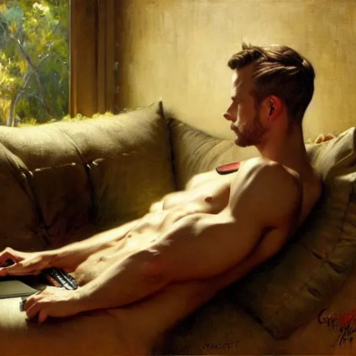 Image similar to cam gigandet types on his laptop, painting by gaston bussiere, craig mullins, j. c. leyendecker, tom of finland