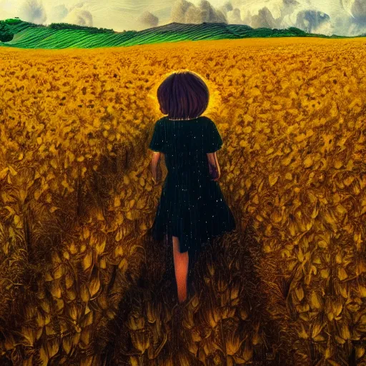 Image similar to huge sunflower as a face, girl walking in wheat field, hills, surreal photography, dark night, star trails, dramatic light, impressionist painting, clouds, digital painting, artstation, simon stalenhag