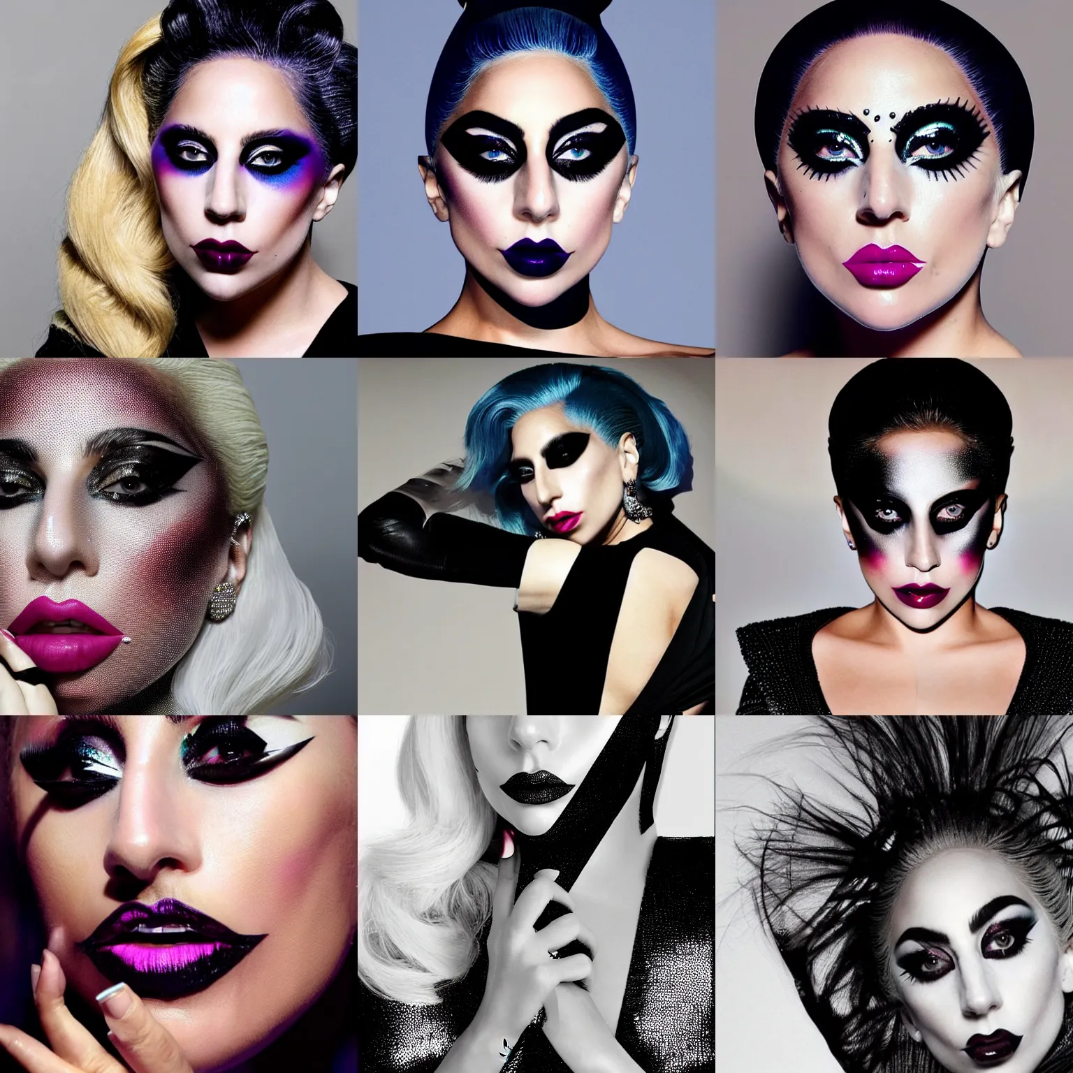 Prompt: Lady Gaga posing for a makeup shoot wearing geometric makeup, dramatic lighting