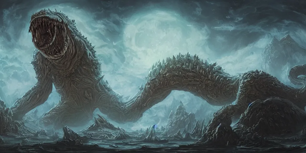 Image similar to concept art of giant alien kaiju, lovecraftian, renaissance, roaring, melting horror, round moon, rich clouds, fighting the horrors of the unknown, mirrors, very detailed, volumetric light, mist, grim, fine art, decaying, textured oil over canvas, epic fantasy art, very colorful, ornate scales, anato finnstark