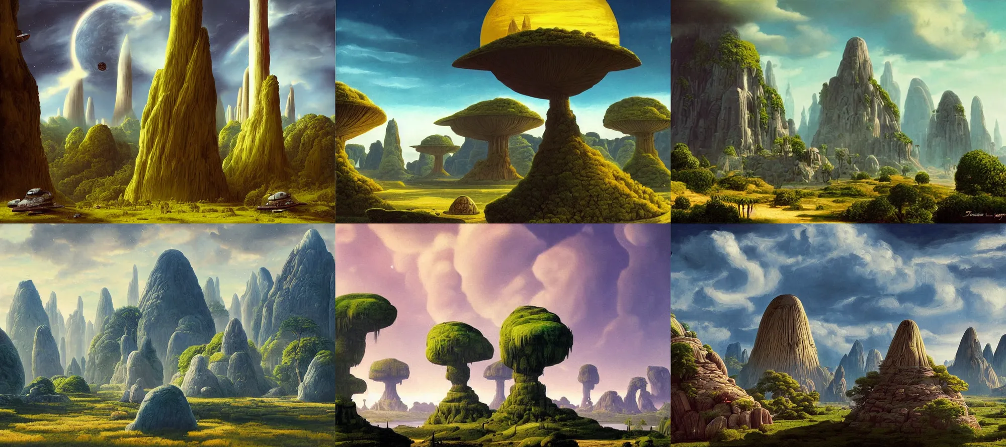 Prompt: yavin iv landscape in the style of dr. seuss, starships, painting by raphael lacoste