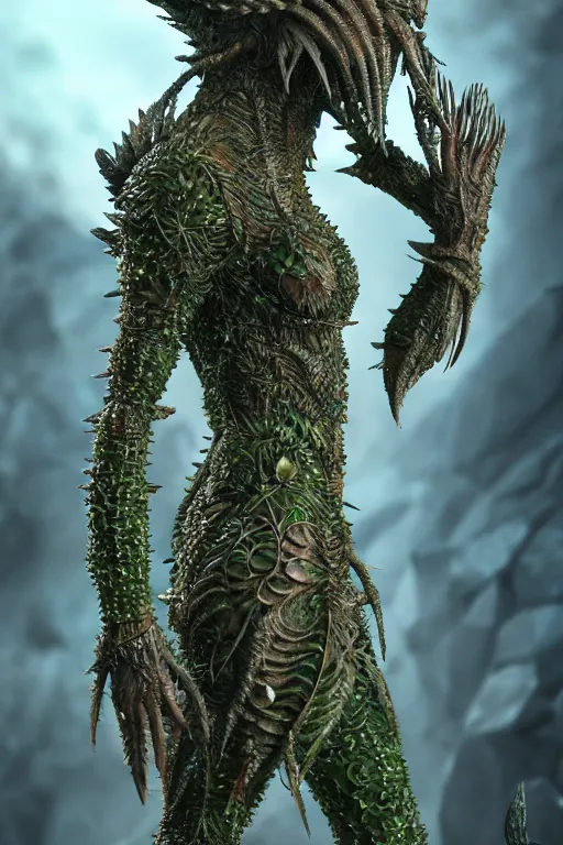 Image similar to skin concept costume, in full growth, biopunk, plant predator, predator, trypophobia, plants and worms, many details, crystals, guyver style, 3 d, cinematic, hyper realism, high detail, octane render, art by hans giger