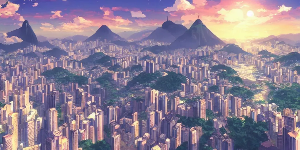 Image similar to rio de janeiro in an anime film, directed by makoto shinkai, cinematic, key visual, highly detailed, sharp focus