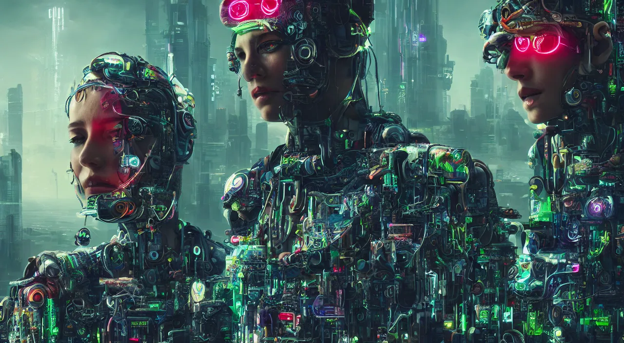 Image similar to portrait of a biophilic cyborg with psychedelic eyes, in background cyberpunk landscape, ultra realistic, concept art, intricate details, highly detailed, photorealistic, octane render, 8 k
