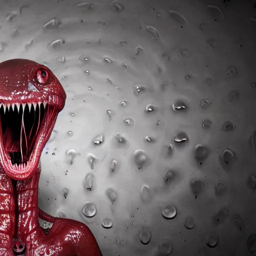 Image similar to realistic, humanoid venom alien, long slimy textured tongue, dripping saliva, mouth with a mouth with a mouth, alien eyes, fangs, thin red glowing veins, grey snake scale skin, cinematic, in a sewer, flashlight lighting, insanely detailed