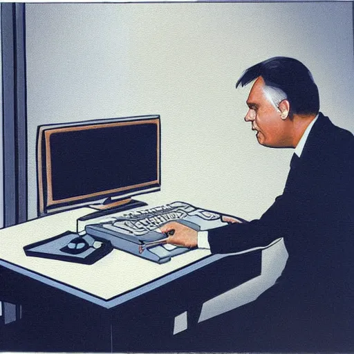 Prompt: viktor orban programming a commodore 6 4 in a cubicle, oil painting