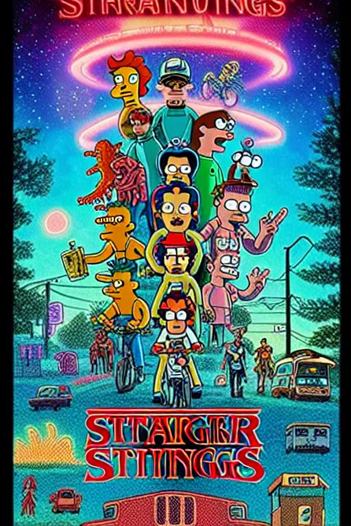 Prompt: Futurama Cast in Stranger Things poster by Matt Groening, high resolution, hyper detailed, intricate, illustrated, all cast members !n-9