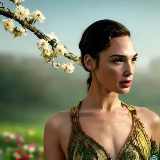 Prompt: fine art photo of the beauty gal gadot, she is posing while maintain a sweet eye contact to the camera, she has a crown of flowers, the photo was taken at sunrise with a bokeh effect, by steve mccurry, photorealistic, matte painting, hyper realistic, 4 k, 8 k, cinematic composition, hd, highly detailed, trending on artstation