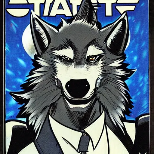 Image similar to 1 9 8 0 s comic book cover scan featuring a portrait of villain male wolf o'donnell anthropomorphic wolf furry fursona from starfox wearing a dark space mercenary uniform, dark grey wolf, handsome eyes, wolf o'donnell