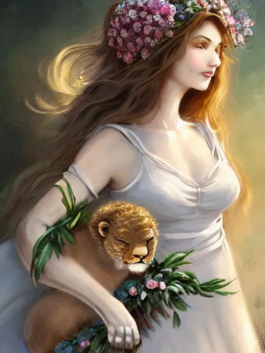 Prompt: a woman, wearing a cute white dress adorned with flowers, dominating a lion. intricate, elegant, highly detailed, digital painting, artstation, concept art, sharp focus, illustration, by justin gerard and artgerm, 8 k