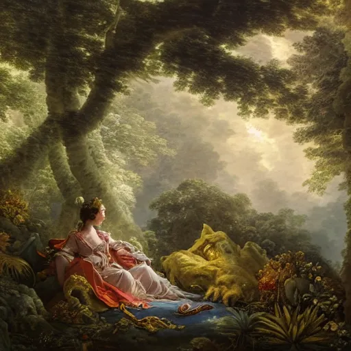 Image similar to an 1800's admiral in the forest, Fantasy atmospheric lighting, digital painting, hyperrealistic, François Boucher, Oil Painting, Cozy, natural light, lush plants and flowers, visually crisp & clear, Volumetric Golden dappled dynamic lighting, Regal, Refined, elegant, bright clouds, luminous stellar sky, outer worlds, cognitive Coherence cohesion character illustration, photorealistic, Vivarium, Theophanic atmosphere, michael whelan, William-Adolphe Bouguereau, Michael Cheval, Crisp hd resolution, Digital Art, hyperdetailed, artstation, cgsociety, Highly Detailed, Cinematic Lighting, HD resolution, unreal 5, DAZ, hyperreality, octane render, Unreal Engine