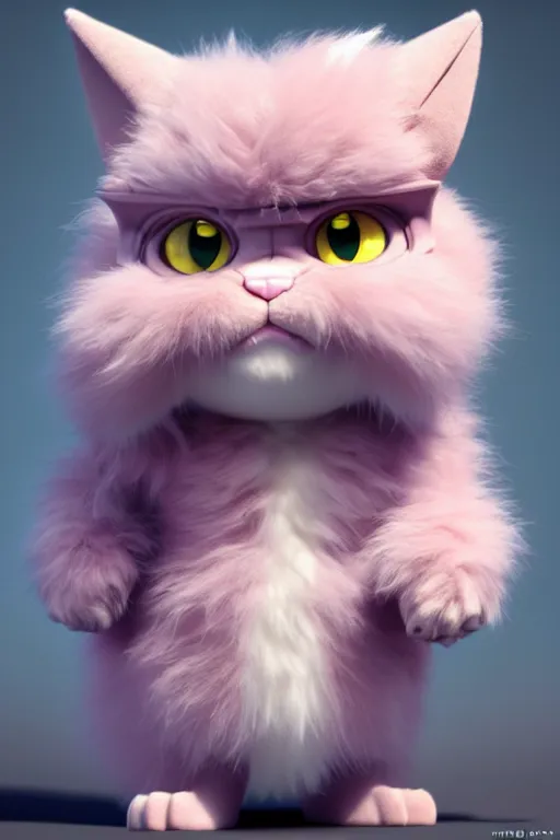 Prompt: high quality 3 d render hyperrealist very cute pastel fluffy! grumpy gargoyle cat hybrid, cyber - medieval armor, vray smooth, in the style of detective pikachu, hannah yata charlie immer, dramatic pink light, low angle, uhd 8 k, sharp focus