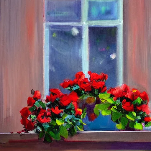 Image similar to A painting of a windowsill with flowers. Red roses. Blue Violas. The natural light from the window would be shining in on the scene. Trending on artstation