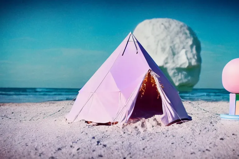 Prompt: a vintage family holiday photo of an empty beach from an alien dreamstate world with chalky pink iridescent!! sand, reflective lavender ocean water and a pale igloo shaped plastic bell tent. refraction, volumetric, light.