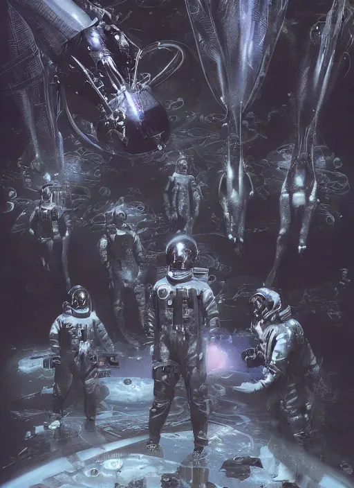 Image similar to astronauts in dark void underwater - complex and hyperdetailed technical suit. reflection and dispersion materials. rays and dispersion of light. volumetric light. f / 3 2. noise film photo. flash photography. ultra realistic, wide angle. poster by wayne barlowe, hajime sorayama aaron horkey, craig mullins