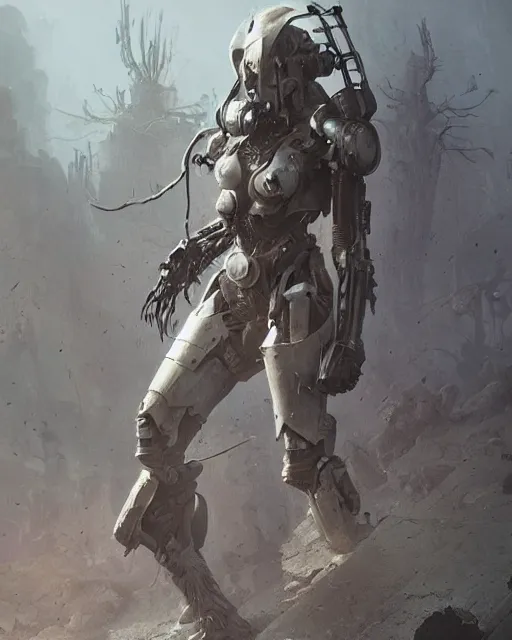 Image similar to hyper realistic photo of postapocalyptic lych ghost cyborg armored girl, full body, cinematic, artstation, cgsociety, greg rutkowski, james gurney, mignola, craig mullins, brom