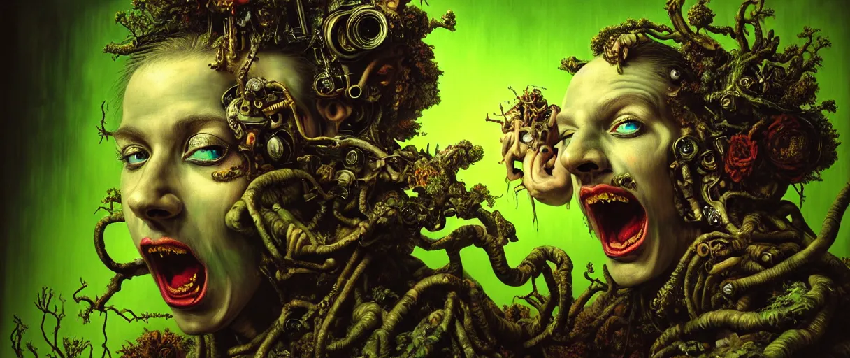 Prompt: hyperrealistic hyper detailed neo-rococo 35mm portrait of baroque cyborg gorgone screaming covered in urban graffiti matte painting concept art dali hannah yata very dramatic forest green lighting low angle hd 8k sharp shallow depth of field