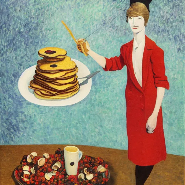 Image similar to tall emo female artist holding pancakes, in chippendale sydney, gold bars, maple syrup, snails, berries, pigs, octopus, witch's broomstick, acrylic on canvas, surrealist, by magritte and monet