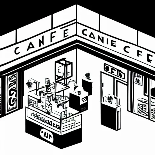 Image similar to vector drawn minimalistic line portrait of cannabis cafe, isometric, ink, digital art, shading layer complete